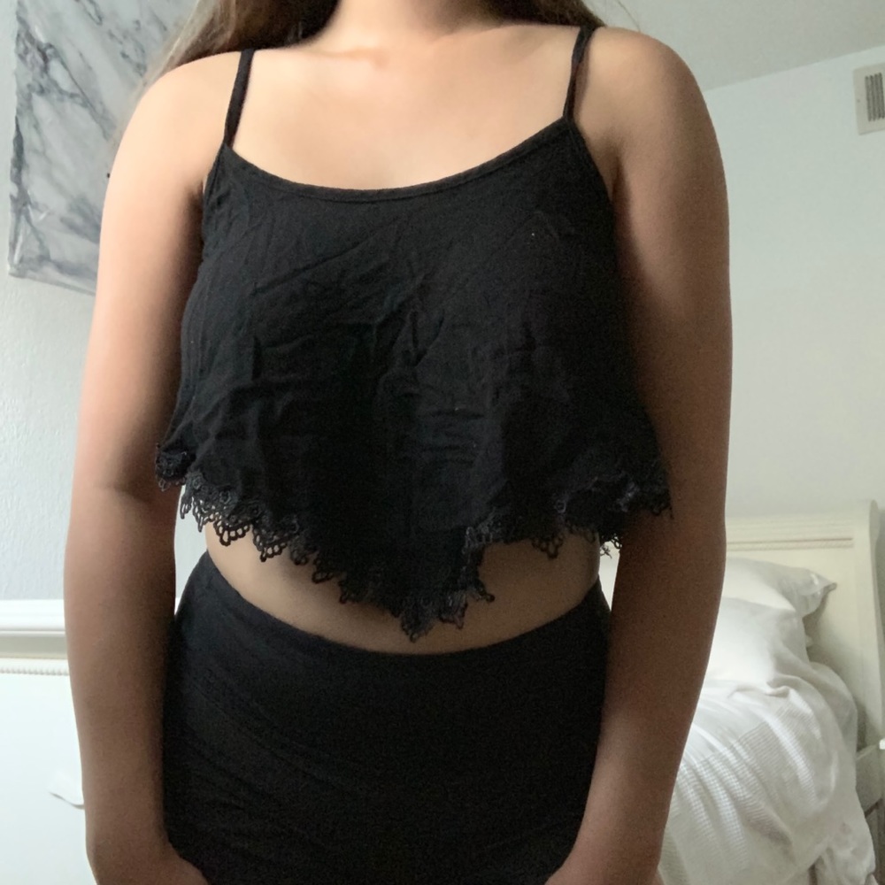 foreign exchange cropped black crocheted tank top